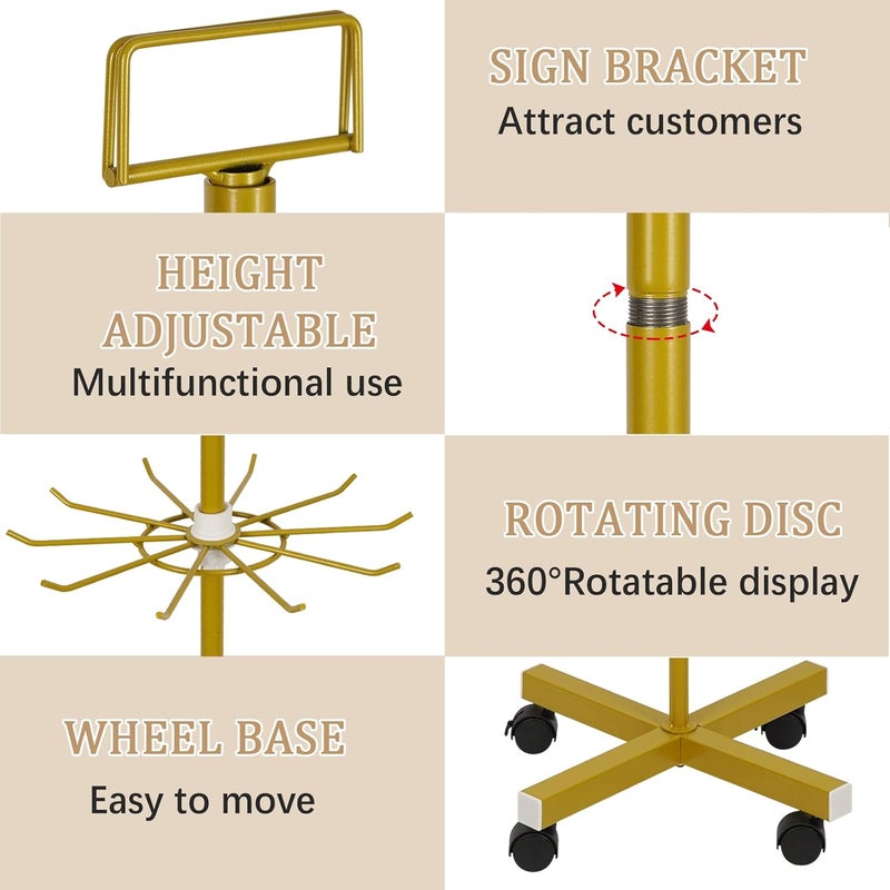 Exttlliy Retail Display Stand 5 Tier Metal Spinning Display Rack with Wheels Keychain Jewelry Stocking Hat Display Stand with Hooks for Malls, Showroom, Retail Store (Gold) - Image 4
